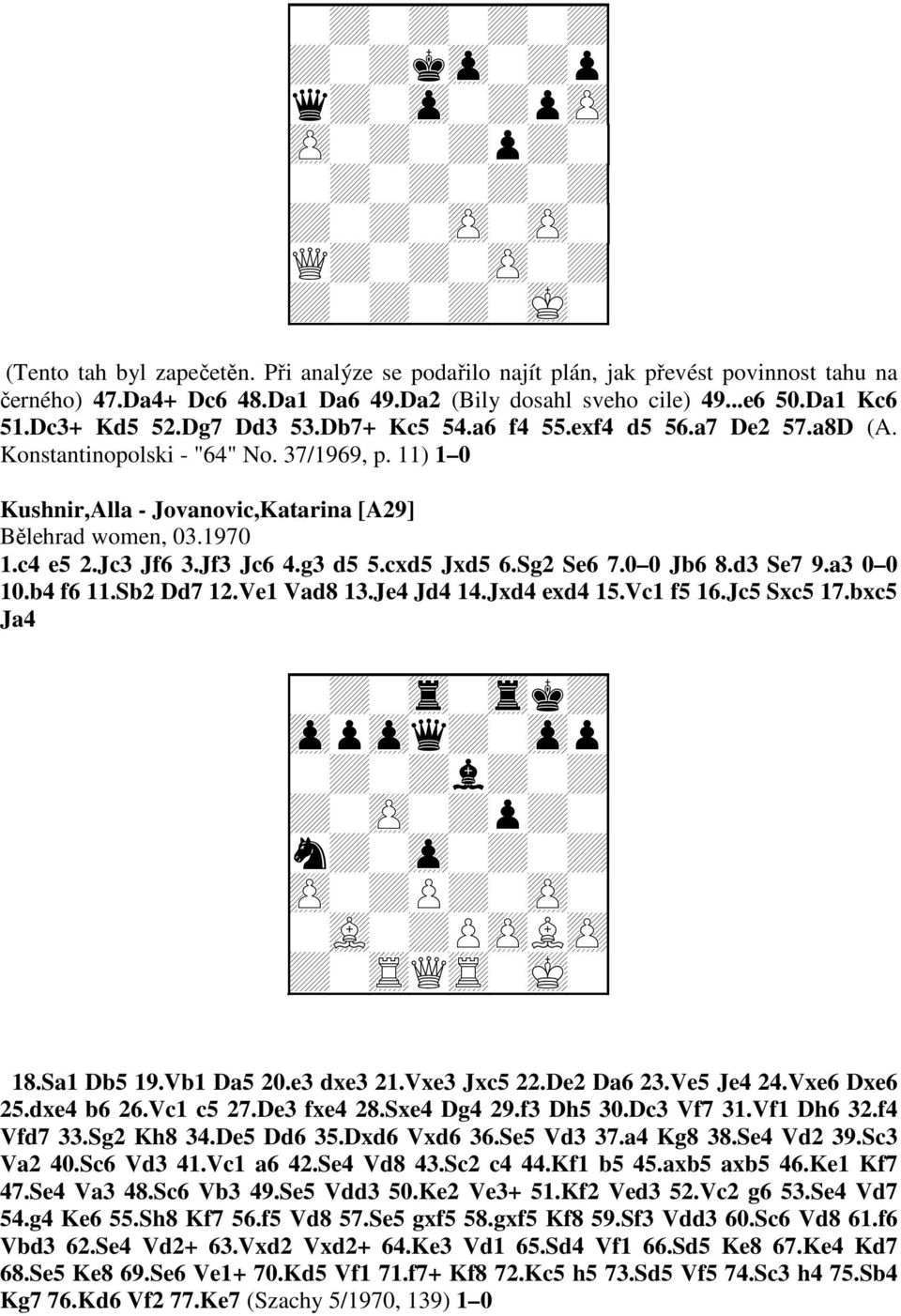 c4 e5 2.Jc3 Jf6 3.Jf3 Jc6 4.g3 d5 5.cxd5 Jxd5 6.Sg2 Se6 7.0 0 Jb6 8.d3 Se7 9.a3 0 0 10.b4 f6 11.Sb2 Dd7 12.Ve1 Vad8 13.Je4 Jd4 14.Jxd4 exd4 15.Vc1 f5 16.Jc5 Sxc5 17.