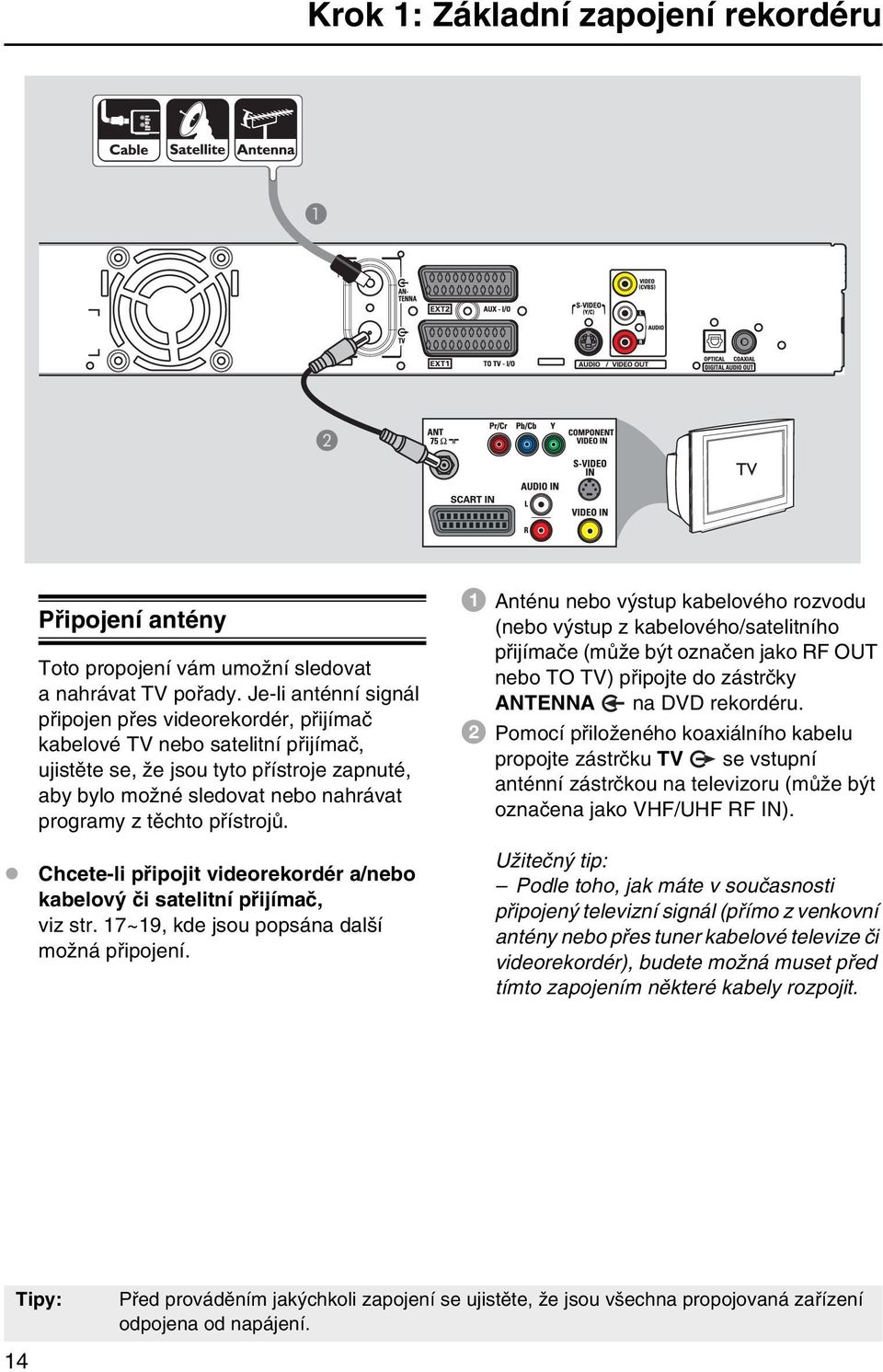 přístrojů. Chcete-li připojit videorekordér a/nebo kabelový či satelitní přijímač, viz str. 17~19, kde jsou popsána další možná připojení.