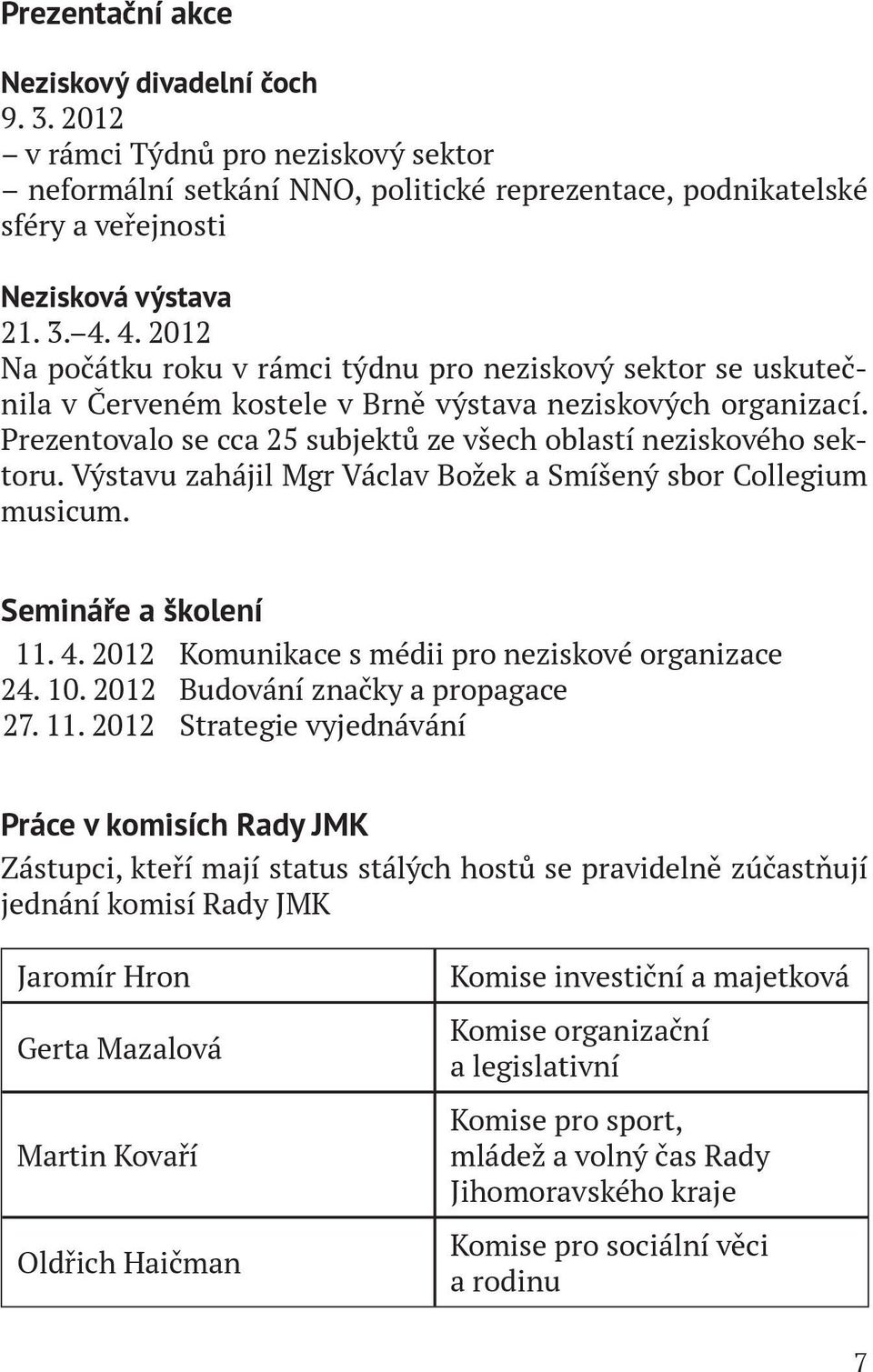 Prezentovalo se cca 25 subjektů ze všech oblastí neziskového sektoru. Výstavu zahájil Mgr Václav Božek a Smíšený sbor Collegium musicum. Semináře a školení 11. 4.