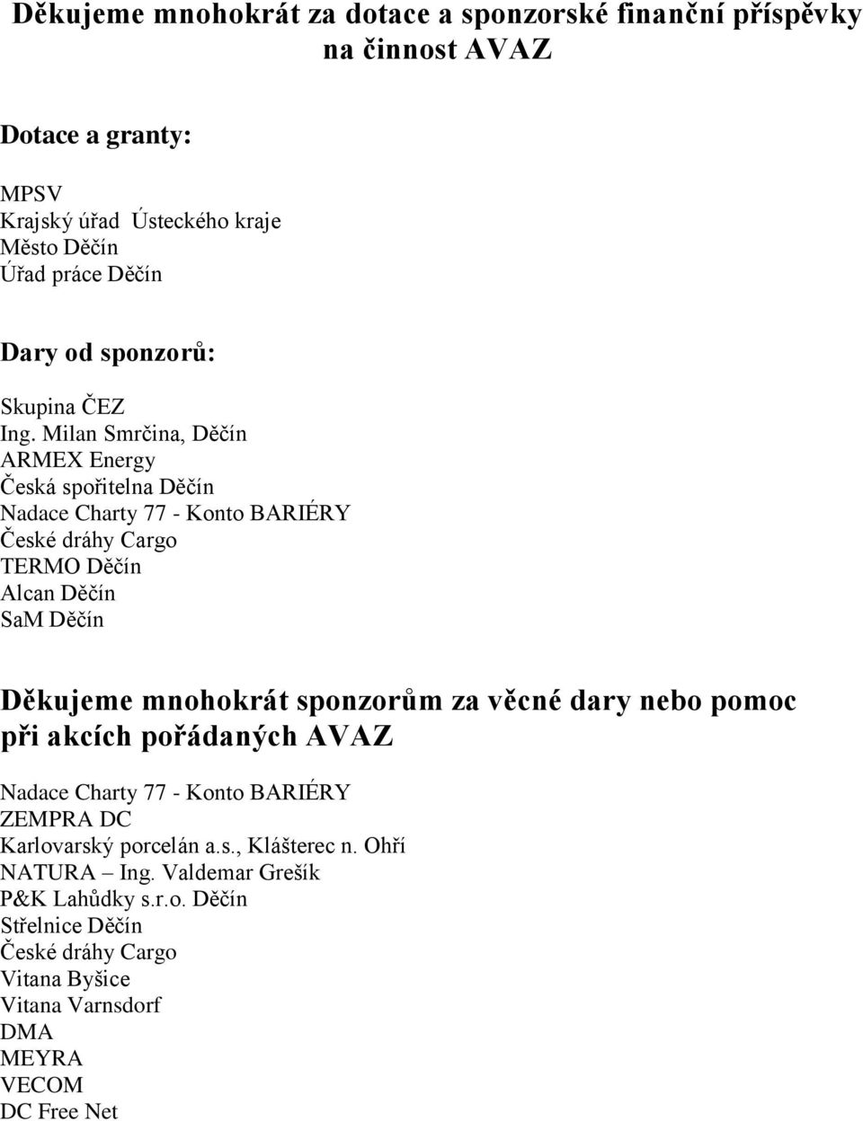 Milan Smrčina, Děčín ARMEX Energy Česká spořitelna Děčín Nadace Charty 77 - Konto BARIÉRY České dráhy Cargo TERMO Děčín Alcan Děčín SaM Děčín Děkujeme mnohokrát