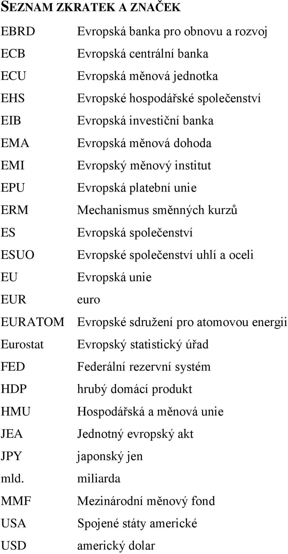 společenství uhlí a oceli EU Evropská unie EUR euro EURATOM Evropské sdružení pro atomovou energii Eurostat Evropský statistický úřad FED Federální rezervní systém HDP