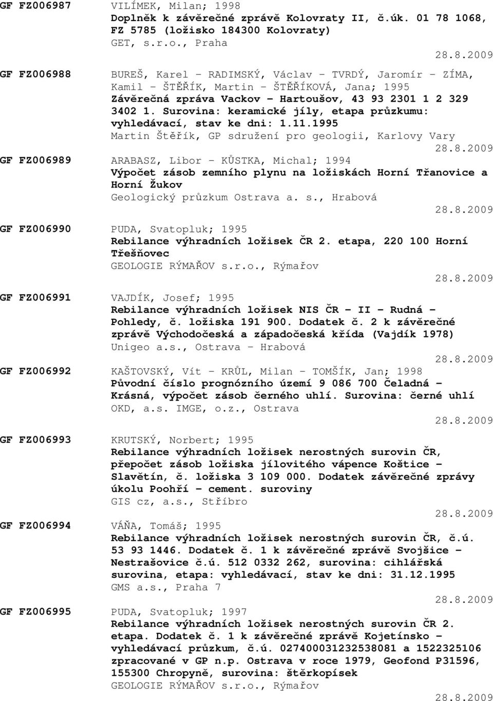 43 93 2301 1 2 329 3402 1. Surovina: keramické jíly, etapa průzkumu: vyhledávací, stav ke dni: 1.11.