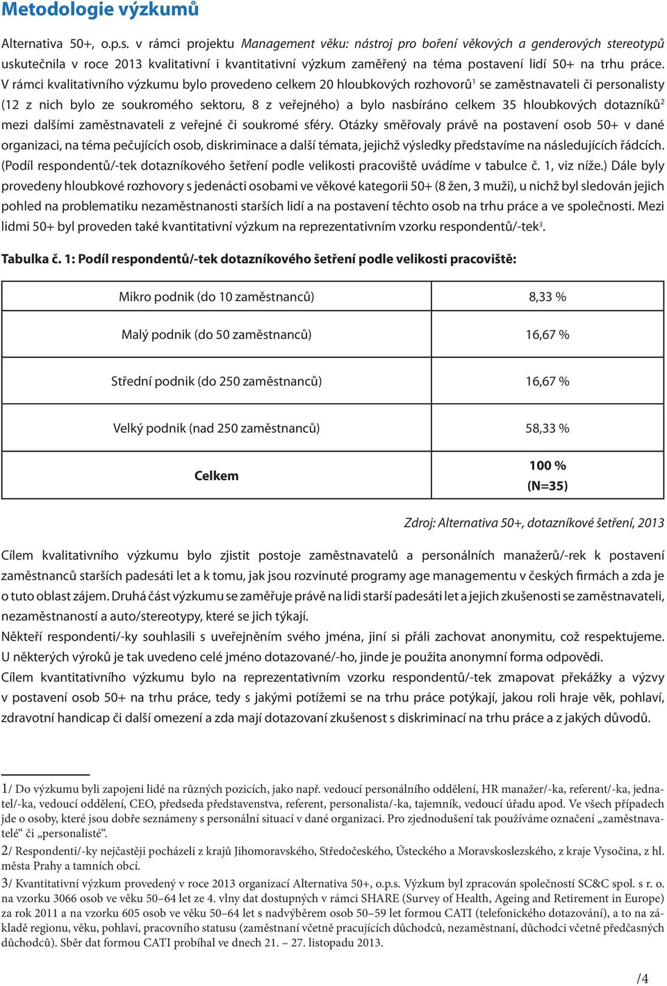 V rámci kvalitativního výzkumu bylo provedeno celkem 20 hloubkových rozhovorů 1 se zaměstnavateli či personalisty (12 z nich bylo ze soukromého sektoru, 8 z veřejného) a bylo nasbíráno celkem 35