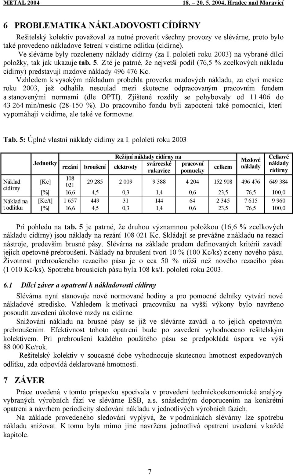 Z té je patrné, že nejvetší podíl (76,5 % z celkových nákladu cídírny) predstavují mzdové náklady 496 476 Kc.