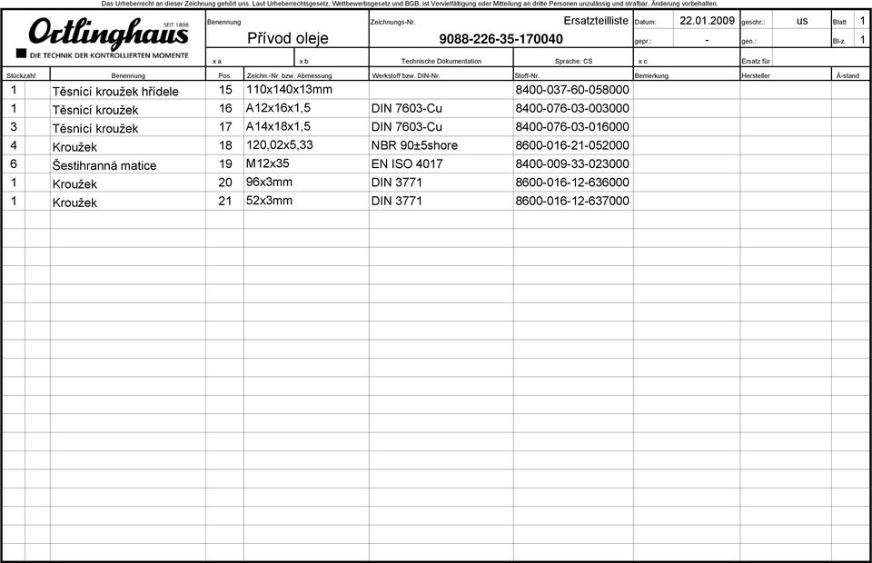 Přívod oleje 9088-6-5-70040 x a x b Technische Dokumentation Sprache: CS x c Ersatz für Stückzahl Benennung Pos. Zeichn.-Nr. bzw. Abmessung Werkstoff bzw. DIN-Nr. Stoff-Nr.