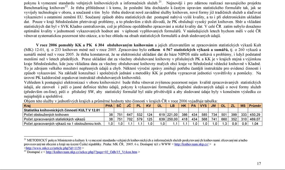 knihoven, nové formy již tradičních služeb a slaďovat výkaznictví s ostatními zeměmi EU. Současný způsob sběru statistických dat postupně nabývá vyšší kvality, a to i při elektronickém ukládání dat.