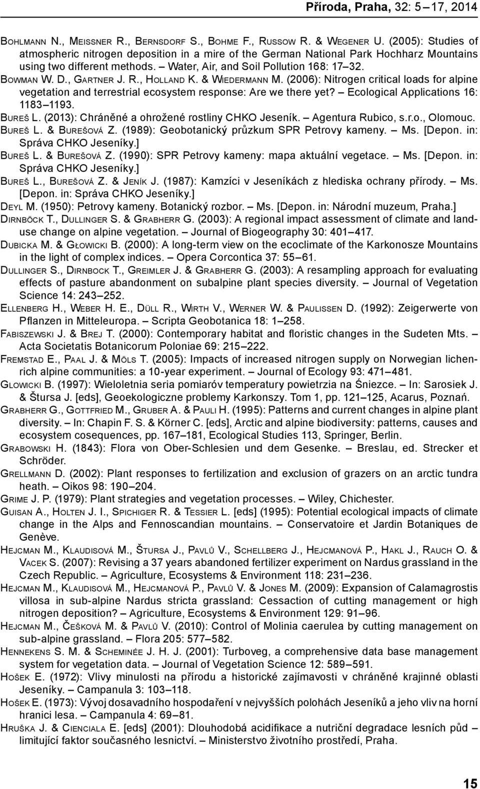 , Gartner J. R., Holland K. & Wiedermann M. (2006): Nitrogen critical loads for alpine vegetation and terrestrial ecosystem response: Are we there yet? Ecological Applications 16: 1183 1193. Bureš L.