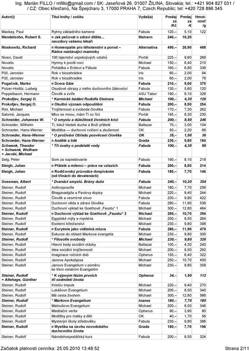 100 tajemství uspokojivých vztahů Portál 225, 9,60 268 Novalis Hymny k poctě noci Michael 150, 6,40 210 Novalis Pohádka o Erótovi a Fábule Fabula 160, 6,80 336 Pížl, Jaroslav Rok v biohrádce Iris 60,