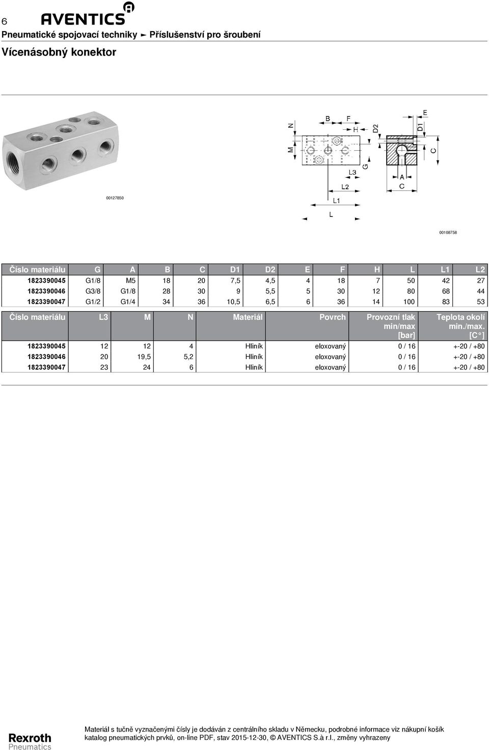 6,5 6 36 14 100 83 53 Číslo materiálu L3 M N Povrch Provozní tlak min/max [bar] Teplota okolí [C ] 1823390045 12 12 4 Hliník