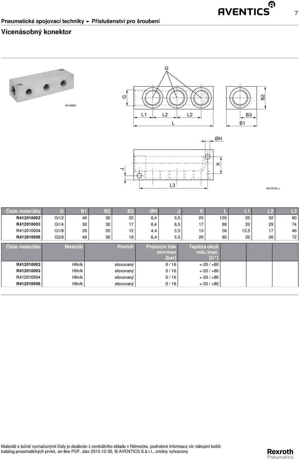 R412010005 3/8 40 30 19 6,4 5,5 20 85 20 26 72 Číslo materiálu Povrch Provozní tlak min/max [bar] Teplota okolí [C ] R412010002 Hliník eloxovaný 0 / 16