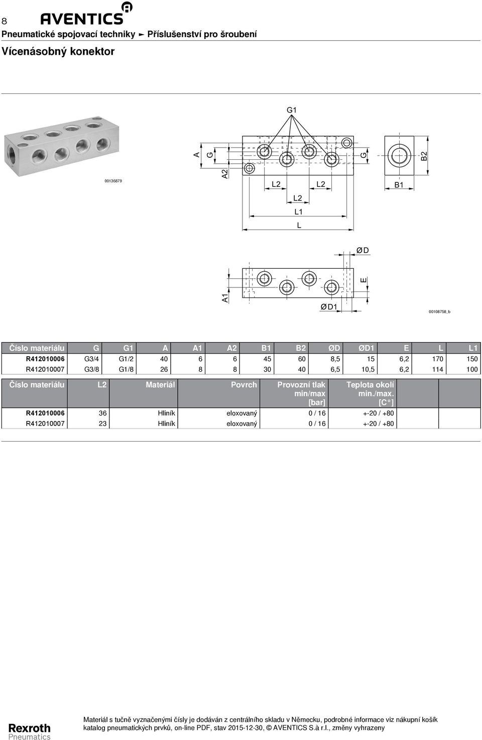 R412010007 3/8 1/8 26 8 8 30 40 6,5 10,5 6,2 114 100 Číslo materiálu L2 Povrch Provozní tlak min/max [bar]