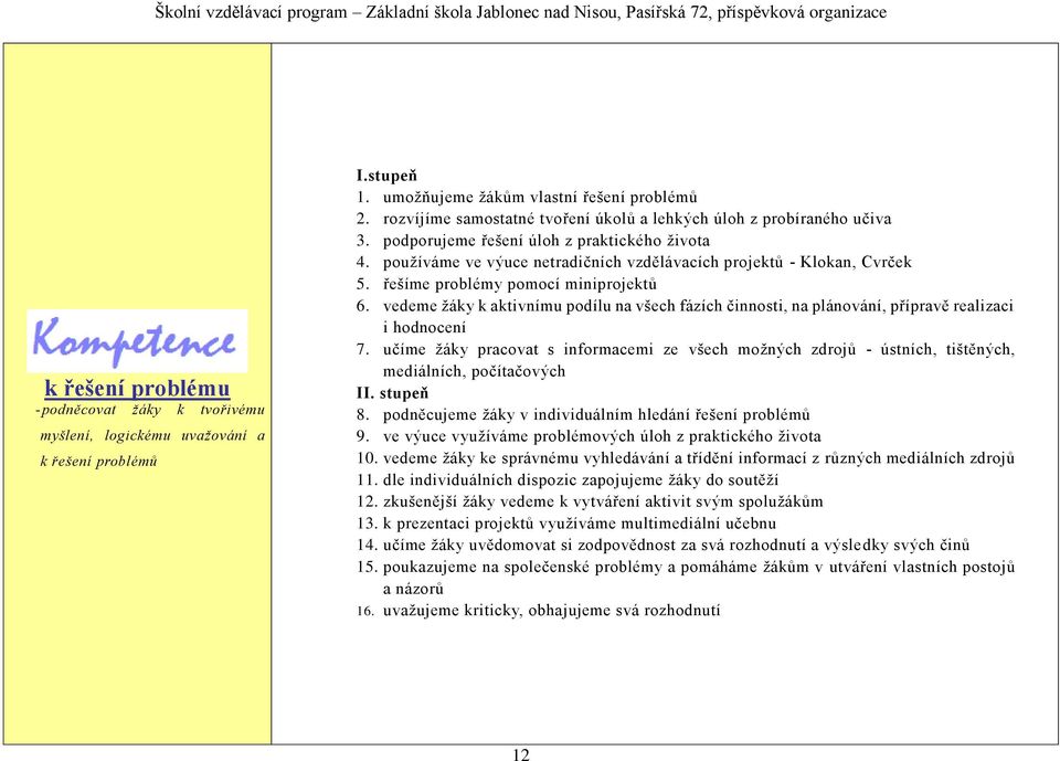 řešíme problémy pomocí miniprojektů 6. vedeme žáky k aktivnímu podílu na všech fázích činnosti, na plánování, přípravě realizaci i hodnocení 7.