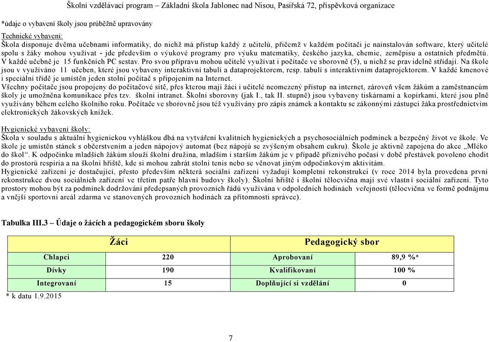 V každé učebně je 15 funkčních PC sestav. Pro svou přípravu mohou učitelé využívat i počítače ve sborovně (5), u nichž se prav idelně střídají.