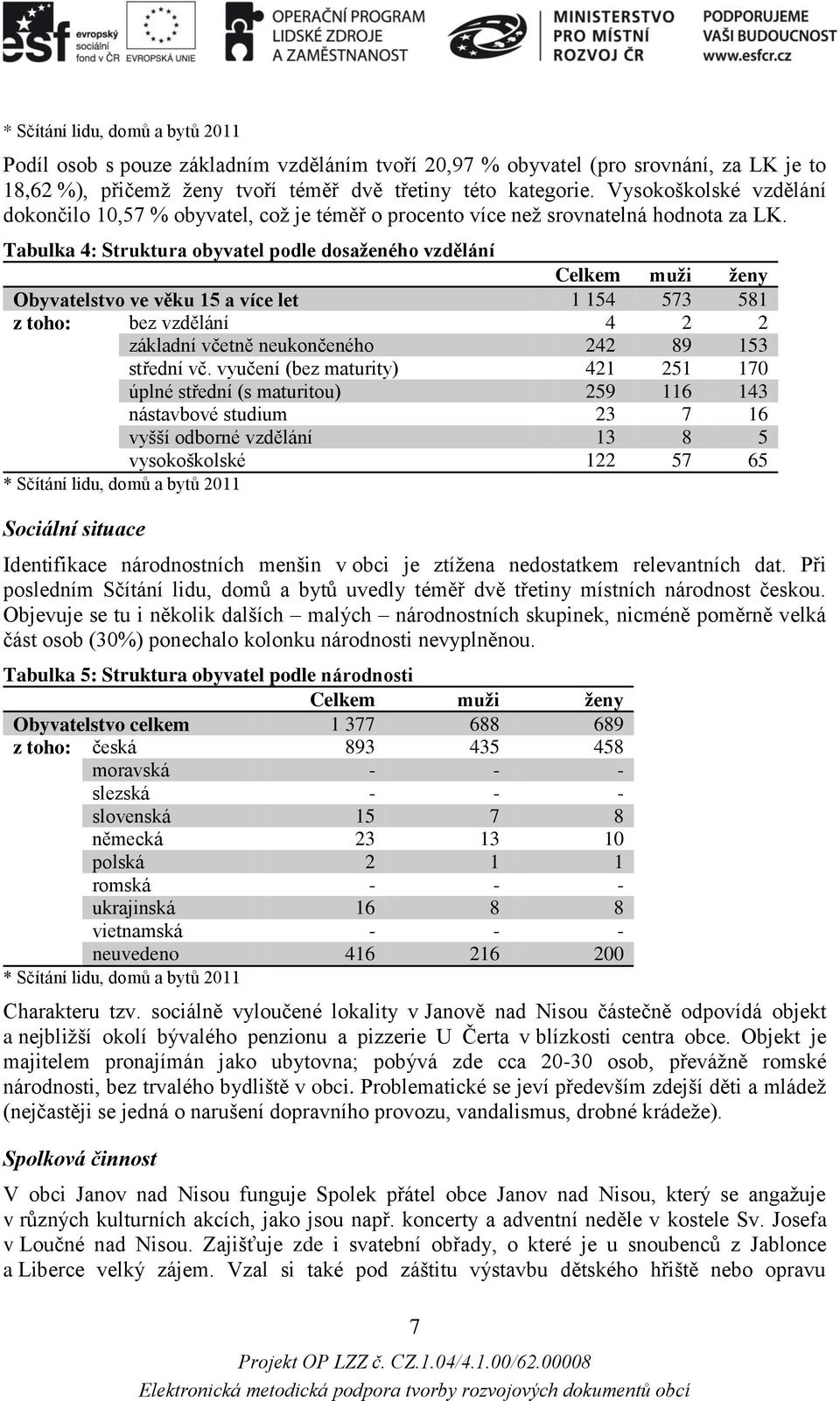 Tabulka 4: Struktura obyvatel podle dosaženého vzdělání Celkem muži ženy Obyvatelstvo ve věku 15 a více let 1 154 573 581 z toho: bez vzdělání 4 2 2 základní včetně neukončeného 242 89 153 střední vč.