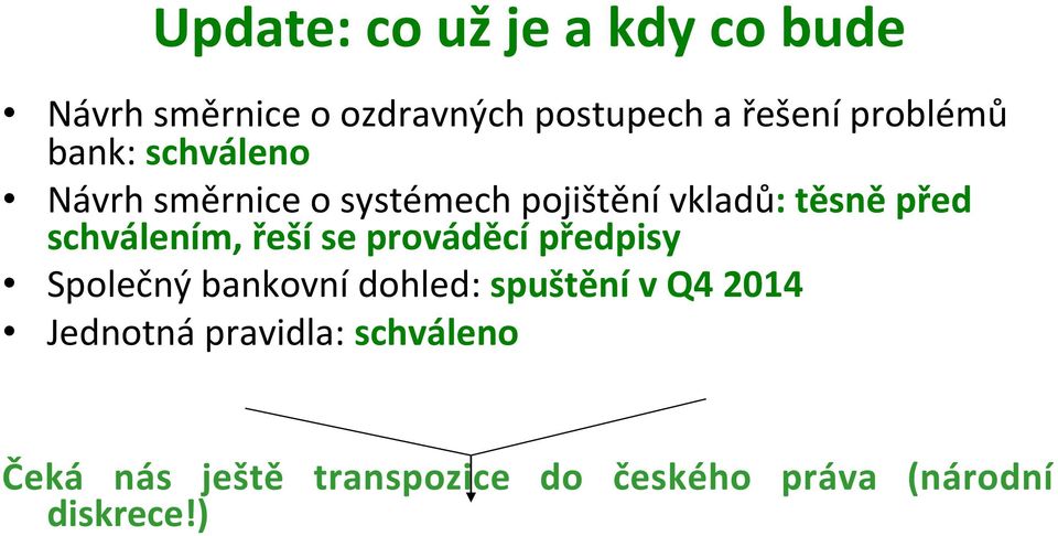 schválením, řeší se prováděcí předpisy Společný bankovní dohled: spuštění v Q4 2014