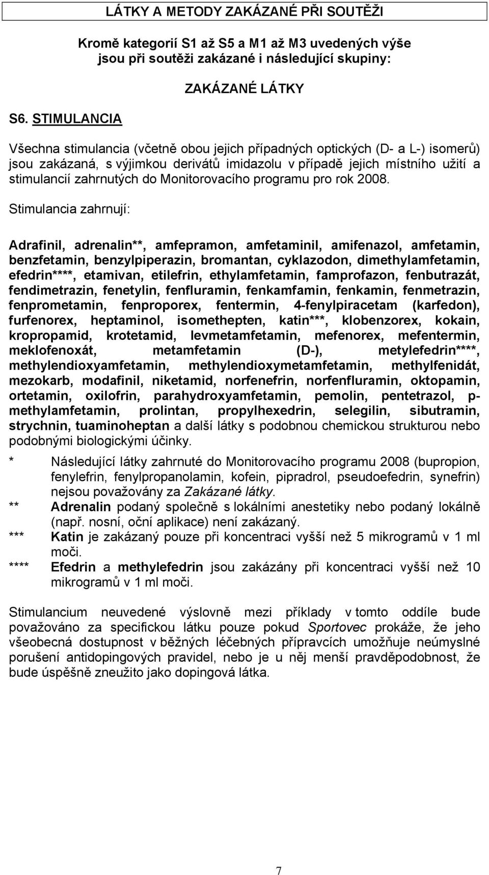 Stimulancia zahrnují: Adrafinil, adrenalin**, amfepramon, amfetaminil, amifenazol, amfetamin, benzfetamin, benzylpiperazin, bromantan, cyklazodon, dimethylamfetamin, efedrin****, etamivan, etilefrin,