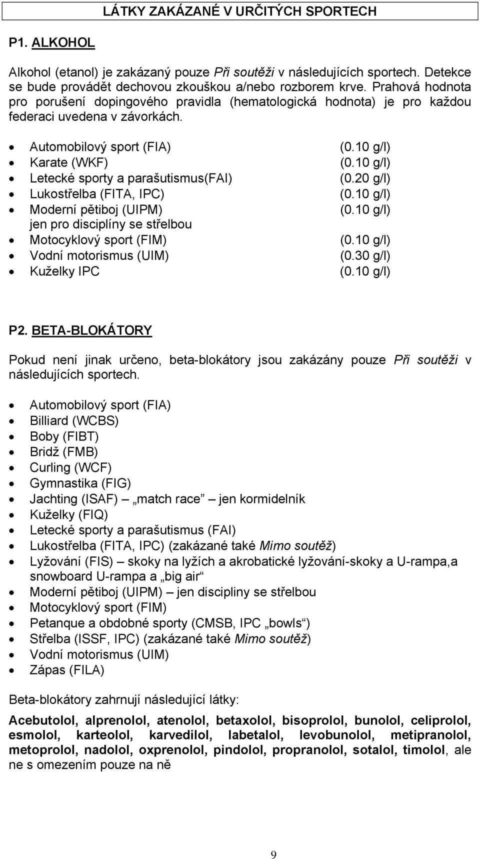 10 g/l) Letecké sporty a parašutismus(fai) (0.20 g/l) Lukostřelba (FITA, IPC) (0.10 g/l) Moderní pětiboj (UIPM) (0.10 g/l) jen pro disciplíny se střelbou Motocyklový sport (FIM) (0.