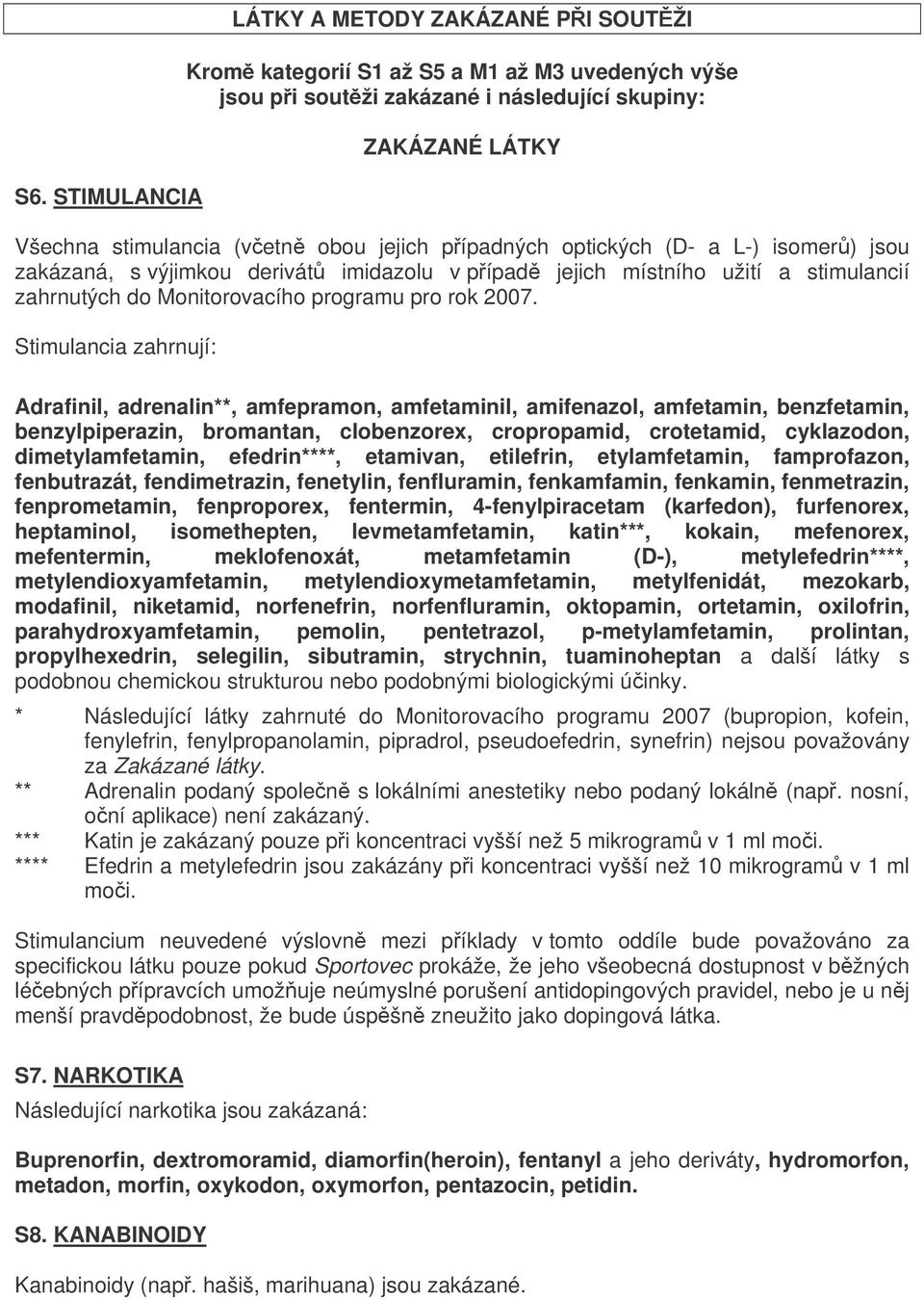 Stimulancia zahrnují: Adrafinil, adrenalin**, amfepramon, amfetaminil, amifenazol, amfetamin, benzfetamin, benzylpiperazin, bromantan, clobenzorex, cropropamid, crotetamid, cyklazodon,