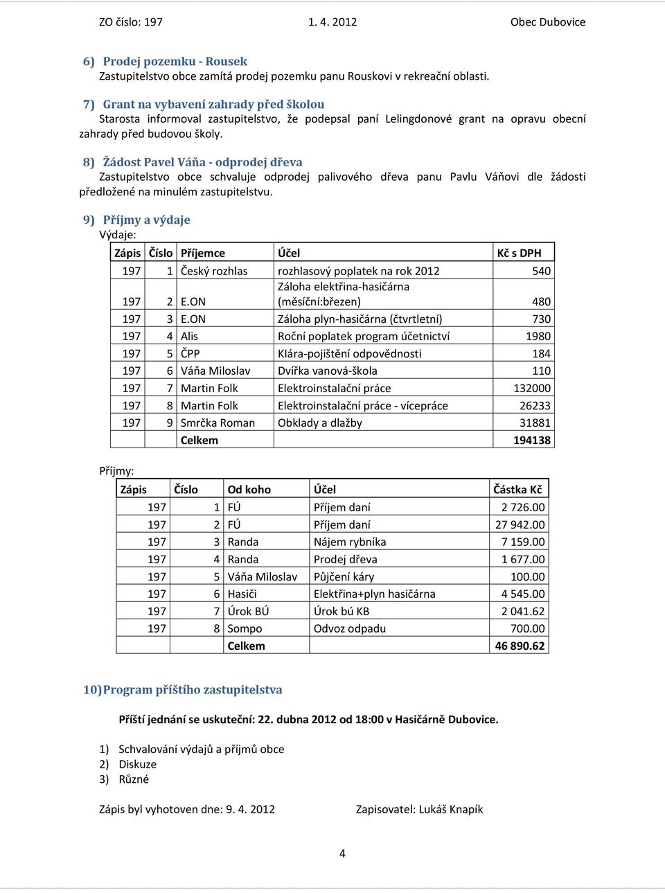 8) Žádost Pavel Váňa - odprodej dřeva Zastupitelstvo obce schvaluje odprodej palivového dřeva panu Pavlu Váňovi dle žádosti předložené na minulém zastupitelstvu.