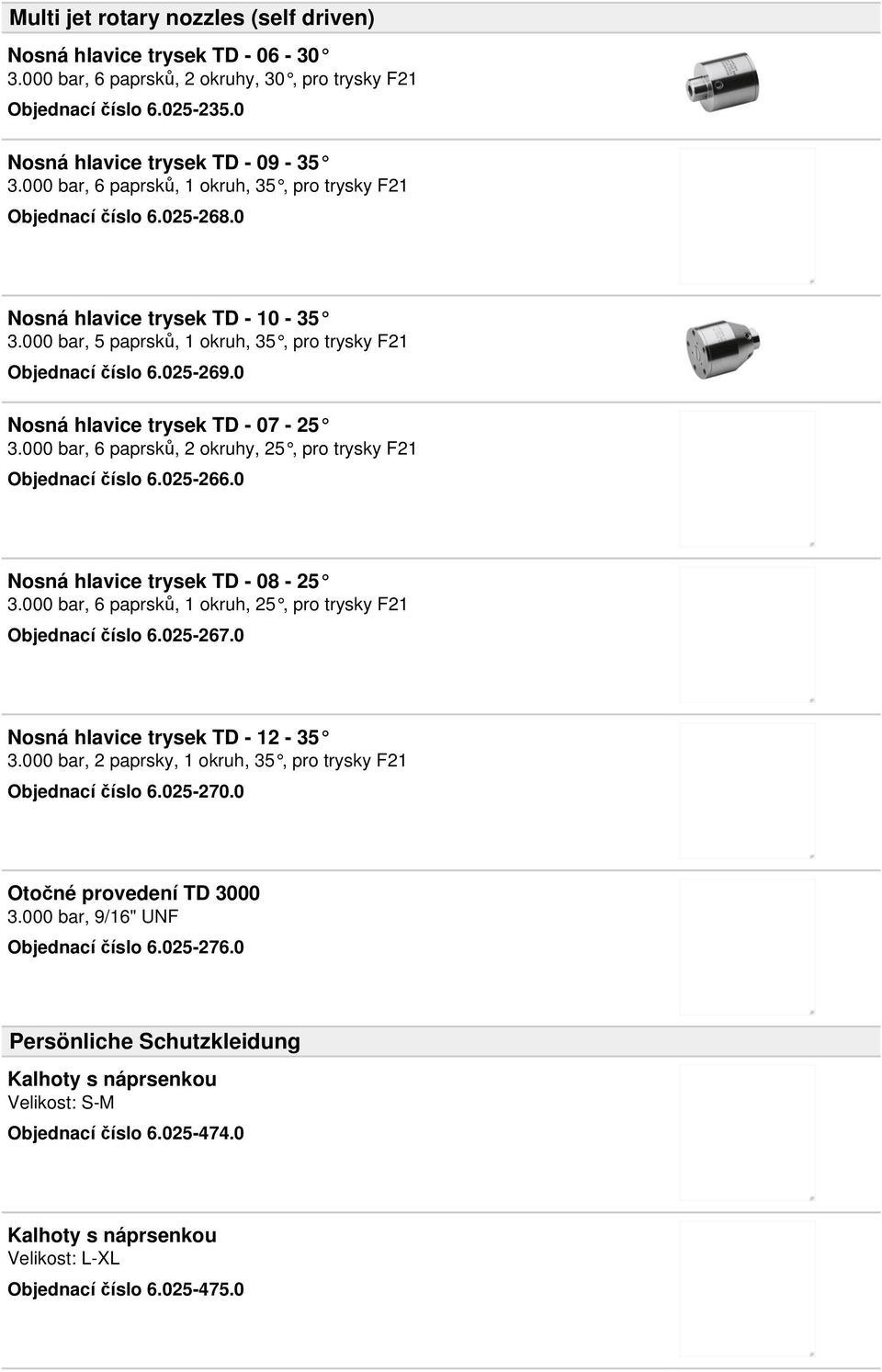 0 Nosná hlavice trysek TD - 07-25 3.000 bar, 6 paprsků, 2 okruhy, 25, pro trysky F21 Objednací číslo 6.025-266.0 Nosná hlavice trysek TD - 08-25 3.