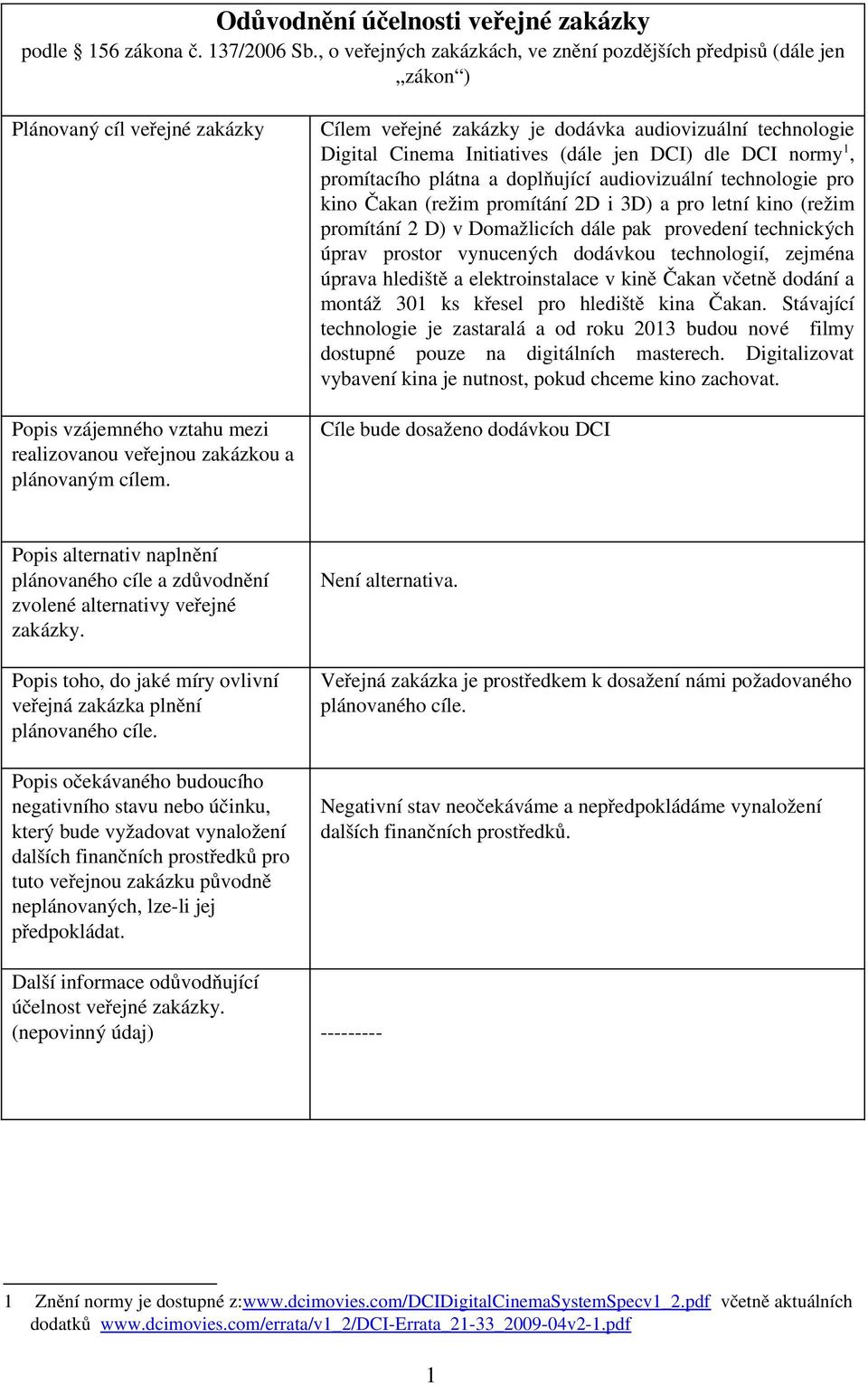 Cílem veřejné zakázky je dodávka audiovizuální technologie Digital Cinema Initiatives (dále jen DCI) dle DCI normy 1, promítacího plátna a doplňující audiovizuální technologie pro kino Čakan (režim