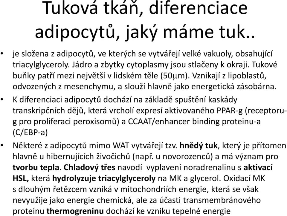 K diferenciaci adipocytů dochází na základě spuštění kaskády transkripčních dějů, která vrcholí expresí aktivovaného PPAR g (receptoru g pro proliferaci peroxisomů) a CCAAT/enhancer binding proteinu