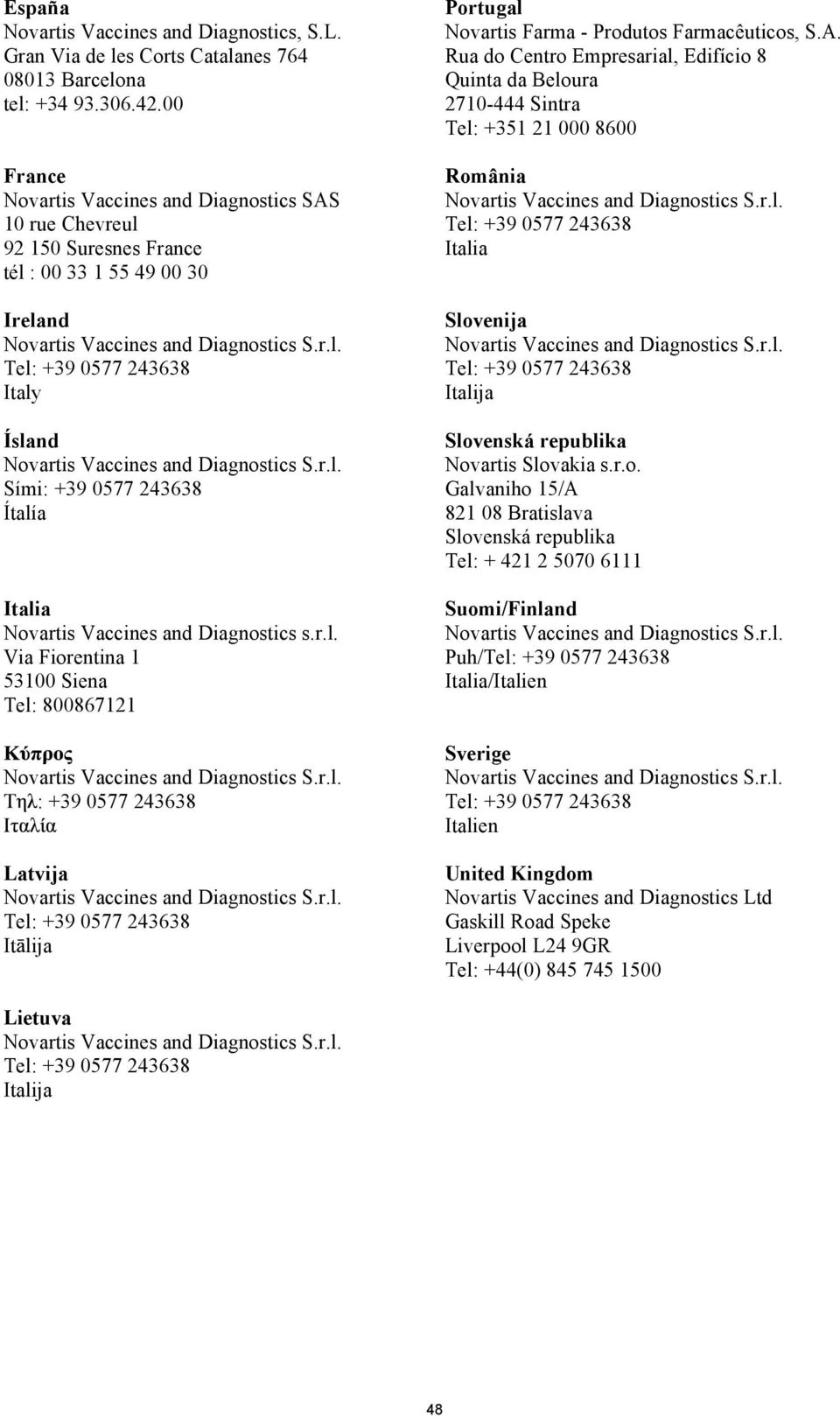 Diagnostics s.r.l. Via Fiorentina 1 53100 Siena Tel: 800867121 : +39 0577 243638 Latvija It lija Portugal Novartis Farma - Produtos Farmacêuticos, S.A.