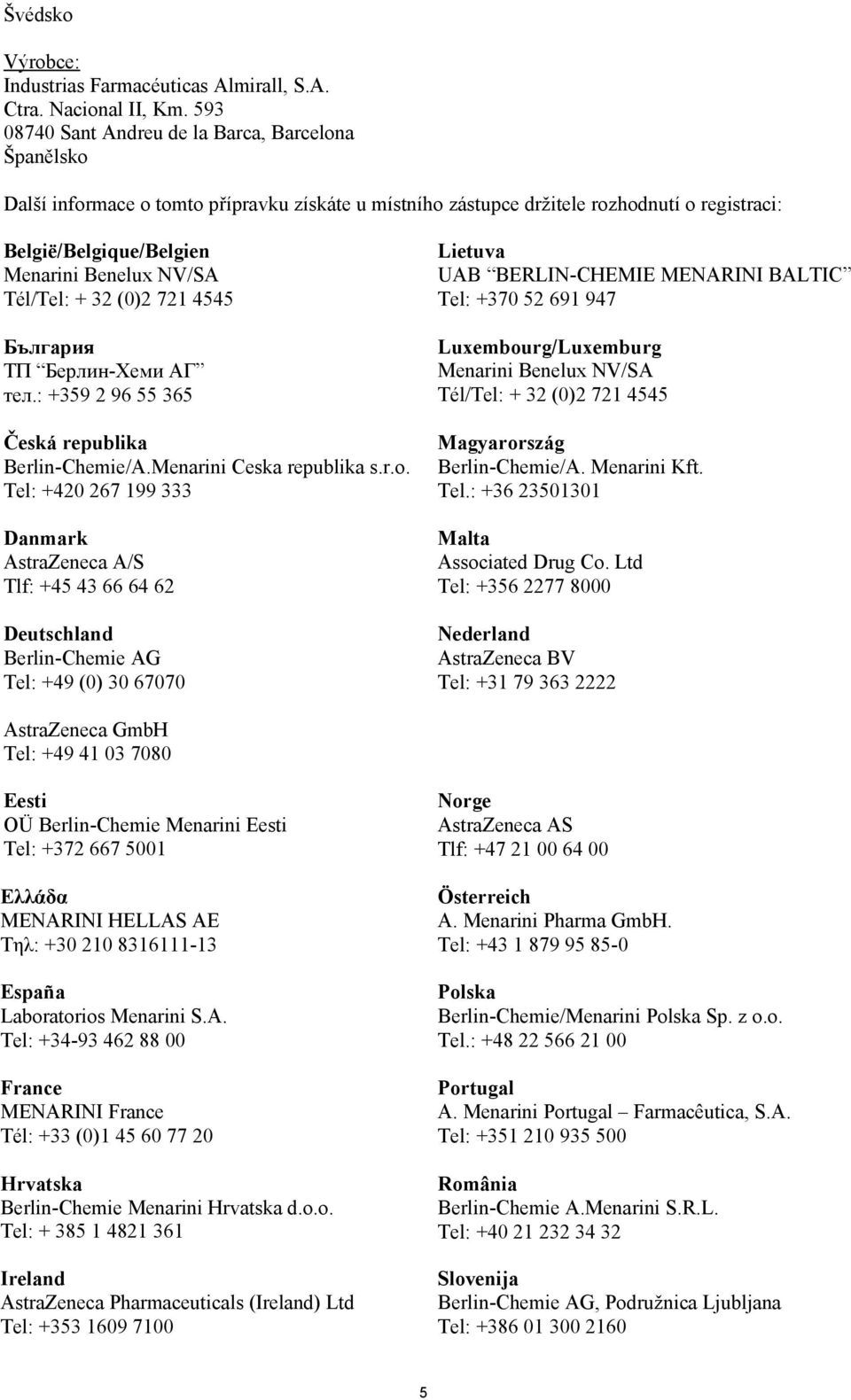 Tél/Tel: + 32 (0)2 721 4545 България ТП Берлин-Хеми АГ тел.: +359 2 96 55 365 Česká republika Berlin-Chemie/A.Menarini Ceska republika s.r.o.