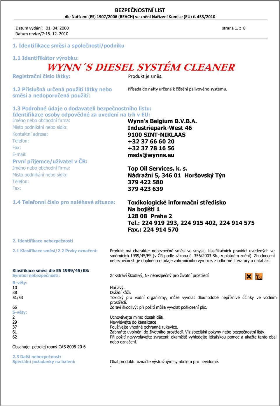 Místo podnikání nebo sídlo: Industriepark-West 46 Kontaktní adresa: 9100 SINT-NIKLAAS Telefon: +32 37 66 60 20 Fax: +32 37 78 16 56 E-mail: msds@wynns.