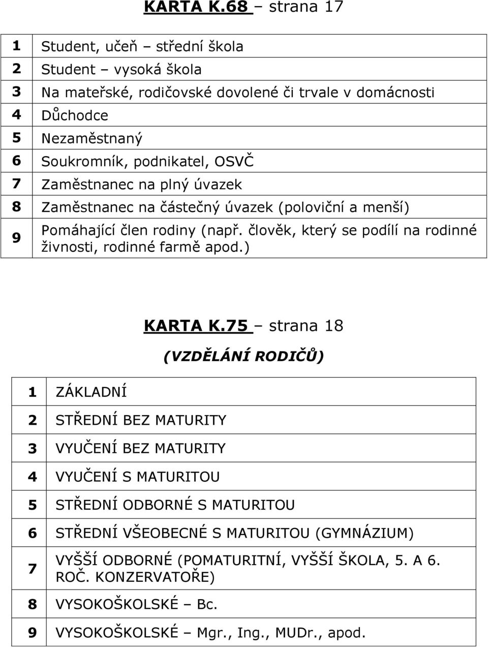 podnikatel, OSVČ 7 Zam stnanec na plný úvazek 8 Zam stnanec na částečný úvazek Ěpoloviční a menšíě 9 Pomáhající člen rodiny Ěnap.