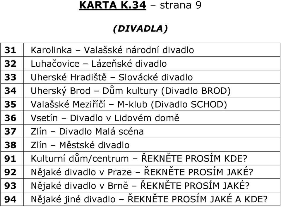 divadlo 34 Uherský Brod D m kultury ĚDivadlo BRODě 35 Valašské Mezi íčí M-klub (Divadlo SCHOD) 36 Vsetín Divadlo v