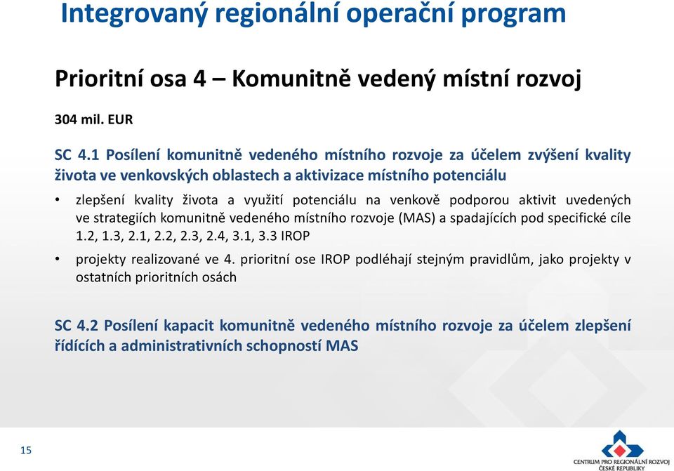 potenciálu na venkově podporou aktivit uvedených ve strategiích komunitně vedeného místního rozvoje (MAS) a spadajících pod specifické cíle 1.2, 1.3, 2.1, 2.2, 2.3, 2.4, 3.1, 3.