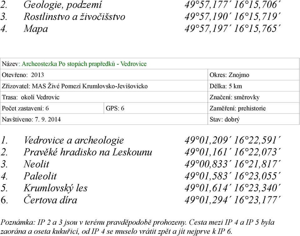 směrovky Počet zastavení: 6 GPS: 6 Zaměření: prehistorie Navštíveno: 7. 9. 2014 1. Vedrovice a archeologie 49 01,209 16 22,591 2. Pravěké hradisko na Leskounu 49 01,161 16 22,073 3.