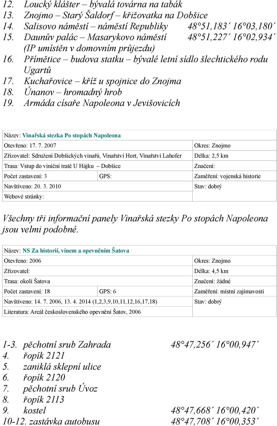 Kuchařovice kříž u spojnice do Znojma 18. Únanov hromadný hrob 19. Armáda císaře Napoleona v Jevišovicích Název: Vinařská stezka Po stopách Napoleona Otevřeno: 17. 7.