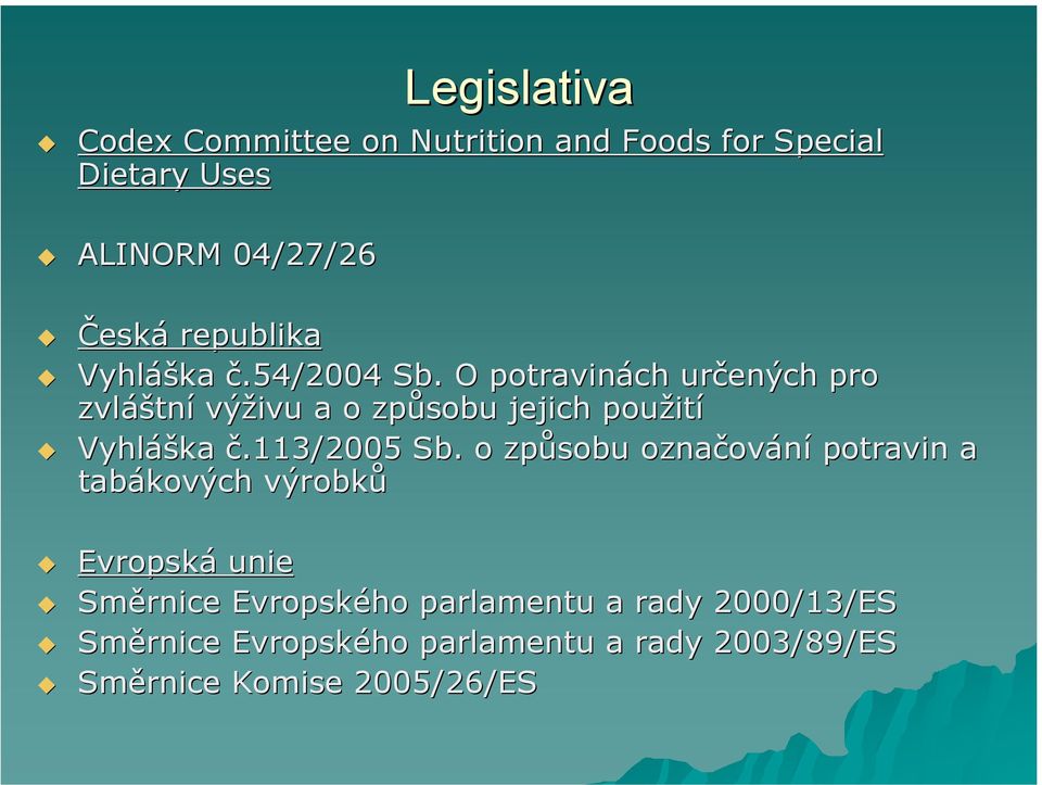 O potravinách určených pro zvláš áštní výživu a o způsobu jejich použit ití Vyhláš áška č.113/2005 Sb.