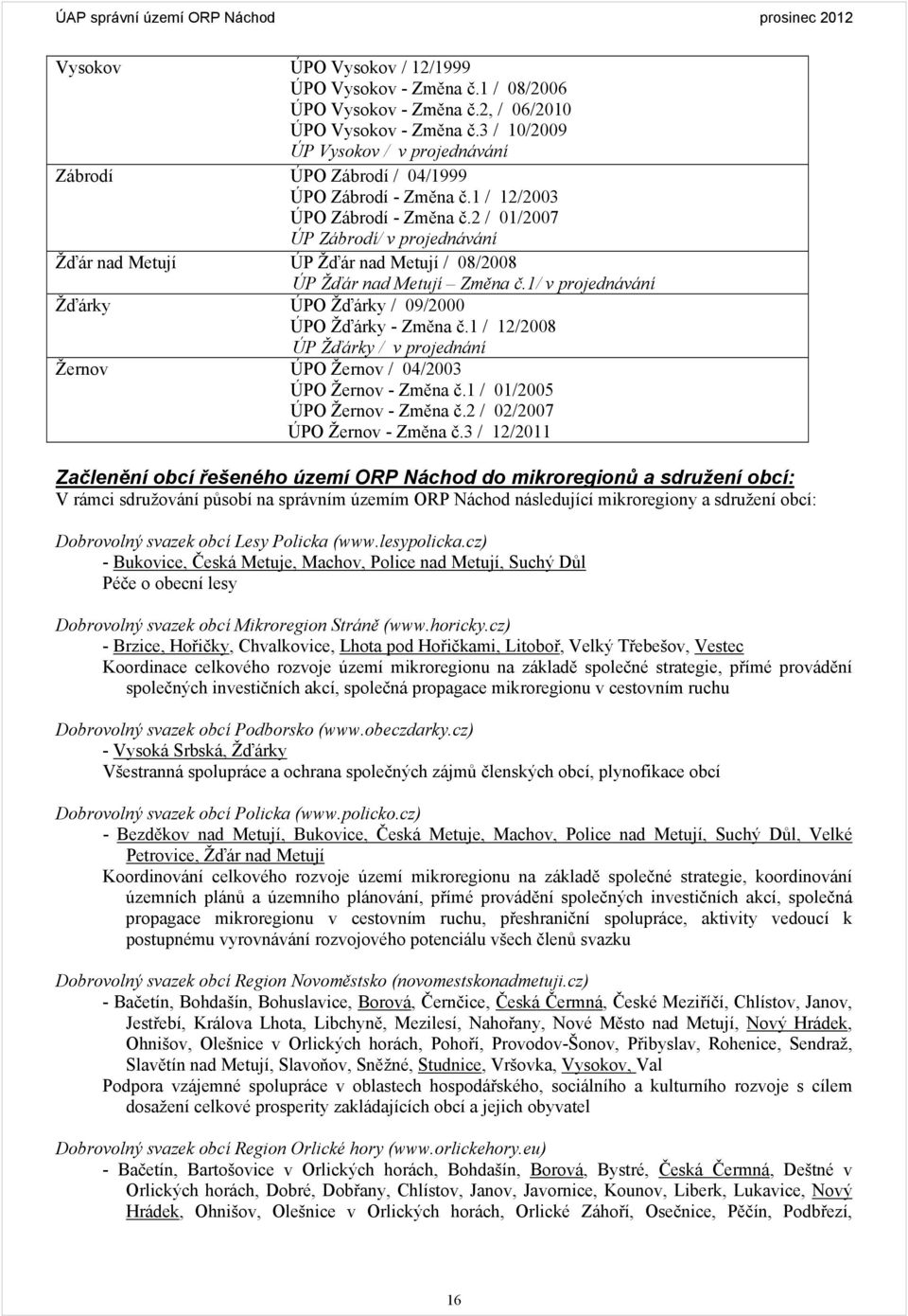 2 / 01/2007 ÚP Zábrodí/ v projednávání Žďár nad Metují ÚP Žďár nad Metují / 08/2008 ÚP Žďár nad Metují Změna č.1/ v projednávání Žďárky ÚPO Žďárky / 09/2000 ÚPO Žďárky - Změna č.