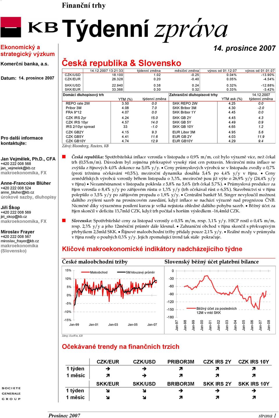 cz makroekonomika, FX Miroslav Frayer +420 222 008 567 miroslav_frayer@kb.cz makroekonomika (Slovensko) Česká republika & Slovensko 14. prosince 2007.