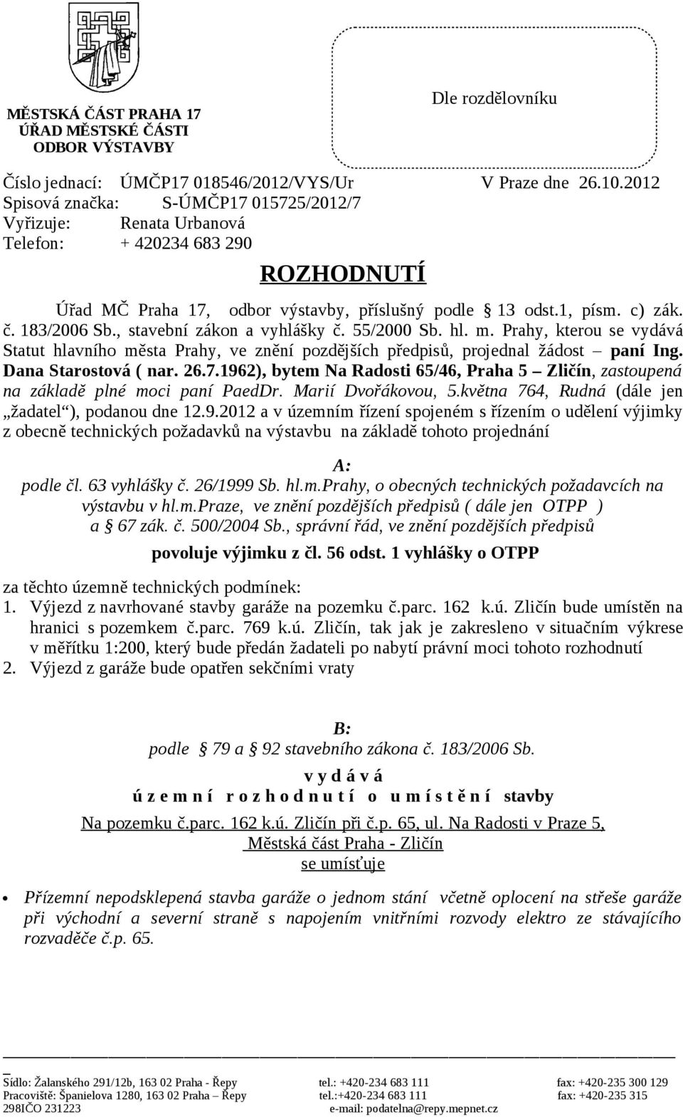 , stavební zákon a vyhlášky č. 55/2000 Sb. hl. m. Prahy, kterou se vydává Statut hlavního města Prahy, ve znění pozdějších předpisů, projednal žádost paní Ing. Dana Starostová ( nar. 26.7.