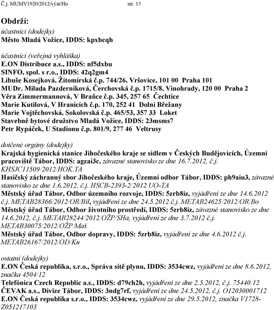 p. 170, 252 41 Dolní Břežany Marie Vojtěchovská, Sokolovská č.p. 465/53, 357 33 Loket Stavebně bytové družstvo, IDDS: 23msms7 Petr Rypáček, U Stadionu č.p. 801/9, 277 46 Veltrusy dotčené orgány (dodejky) Krajská hygienická stanice Jihočeského kraje se sídlem v Českých Budějovicích, Územní pracoviště Tábor, IDDS: agzai3c, závazné stanovisko ze dne 16.