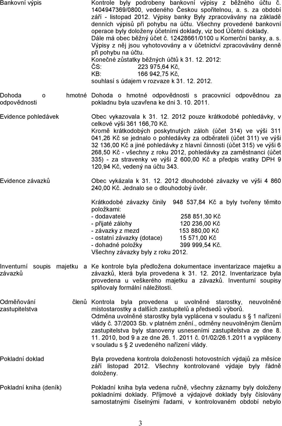 12428661/0100 u Komerční banky, a. s. Výpisy z něj jsou vyhotovovány a v účetnictví zpracovávány denně při pohybu na účtu. Konečné zůstatky běžných účtů k 31. 12.