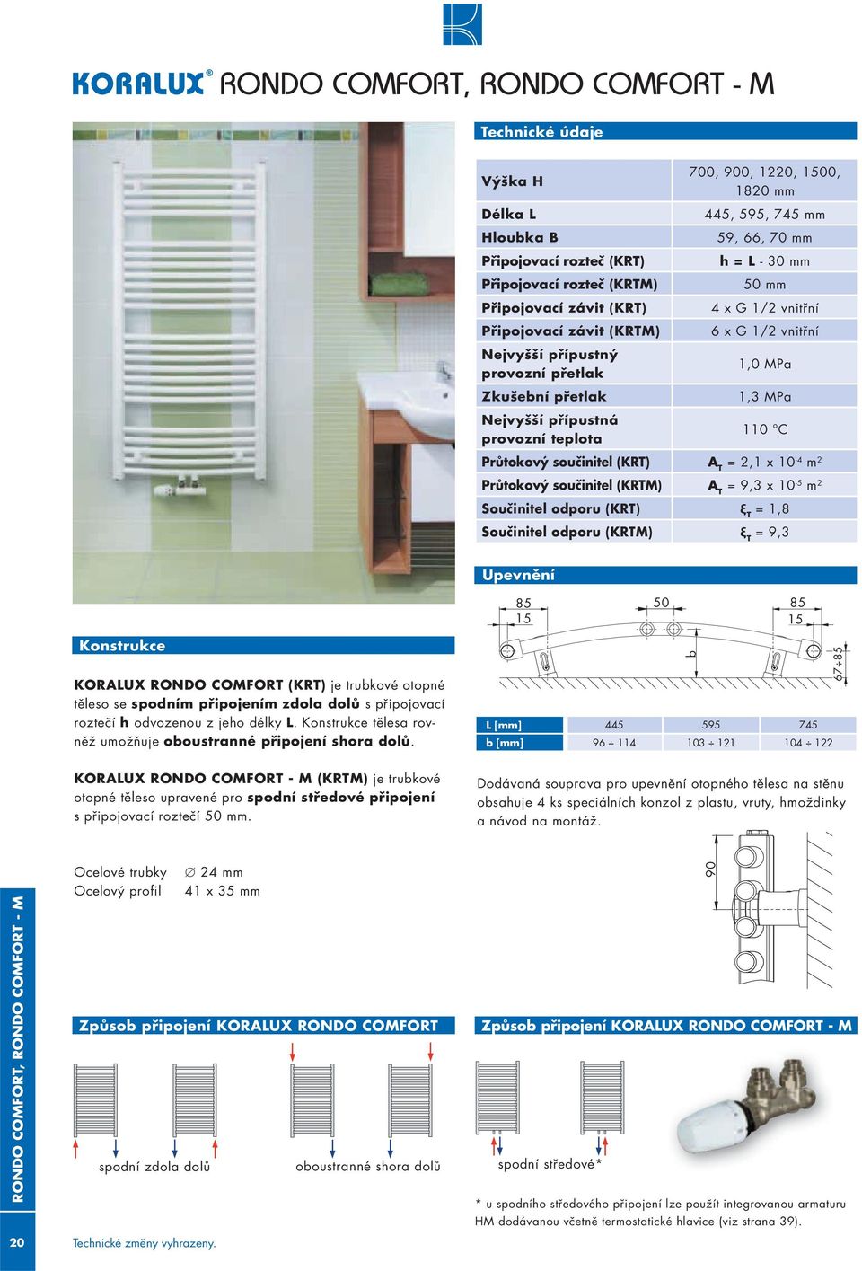 Průtokový součinitel (KRT) A T = 2,1 x 10-4 m 2 Průtokový součinitel (KRTM) A T = 9,3 x 10-5 m 2 Součinitel odporu (KRT) ξ T = 1,8 Součinitel odporu (KRTM) ξ T = 9,3 nické údaje Upevnění 85 85 15 15