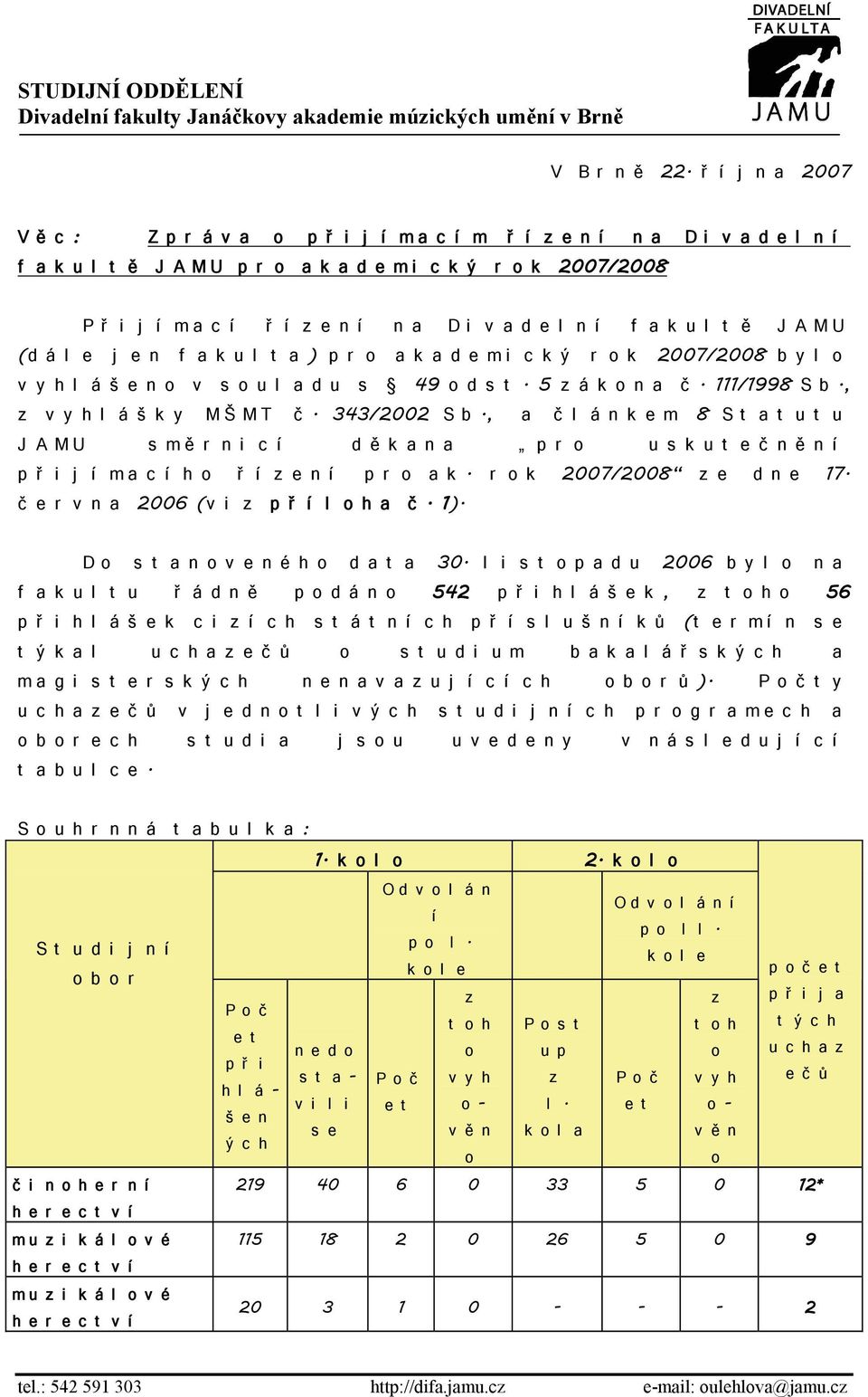 akul t a) pr o akademi cký r ok 2007/2008 byl o v y h l á š e n o v soul adu s 49 odst. 5 zákona č. 111/1998 Sb., z vyhl ášky MŠMT č. 343/2002 Sb.