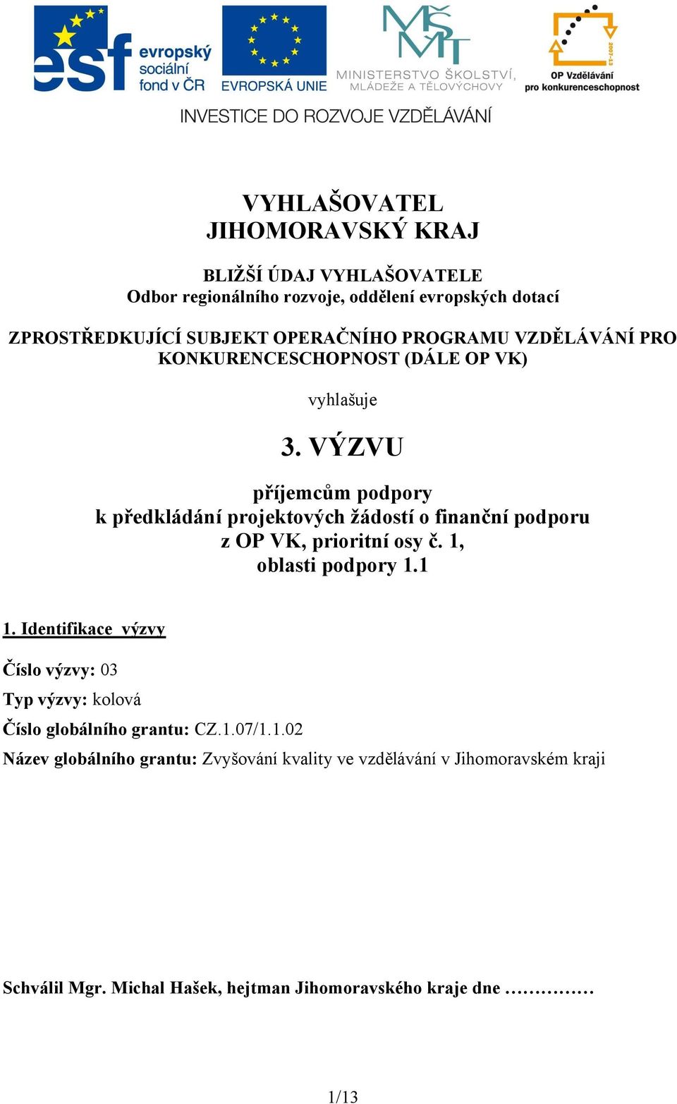 VÝZVU příjemcům podpory k předkládání projektových žádostí o finanční podporu z OP VK, prioritní osy č. 1, oblasti podpory 1.1 1.