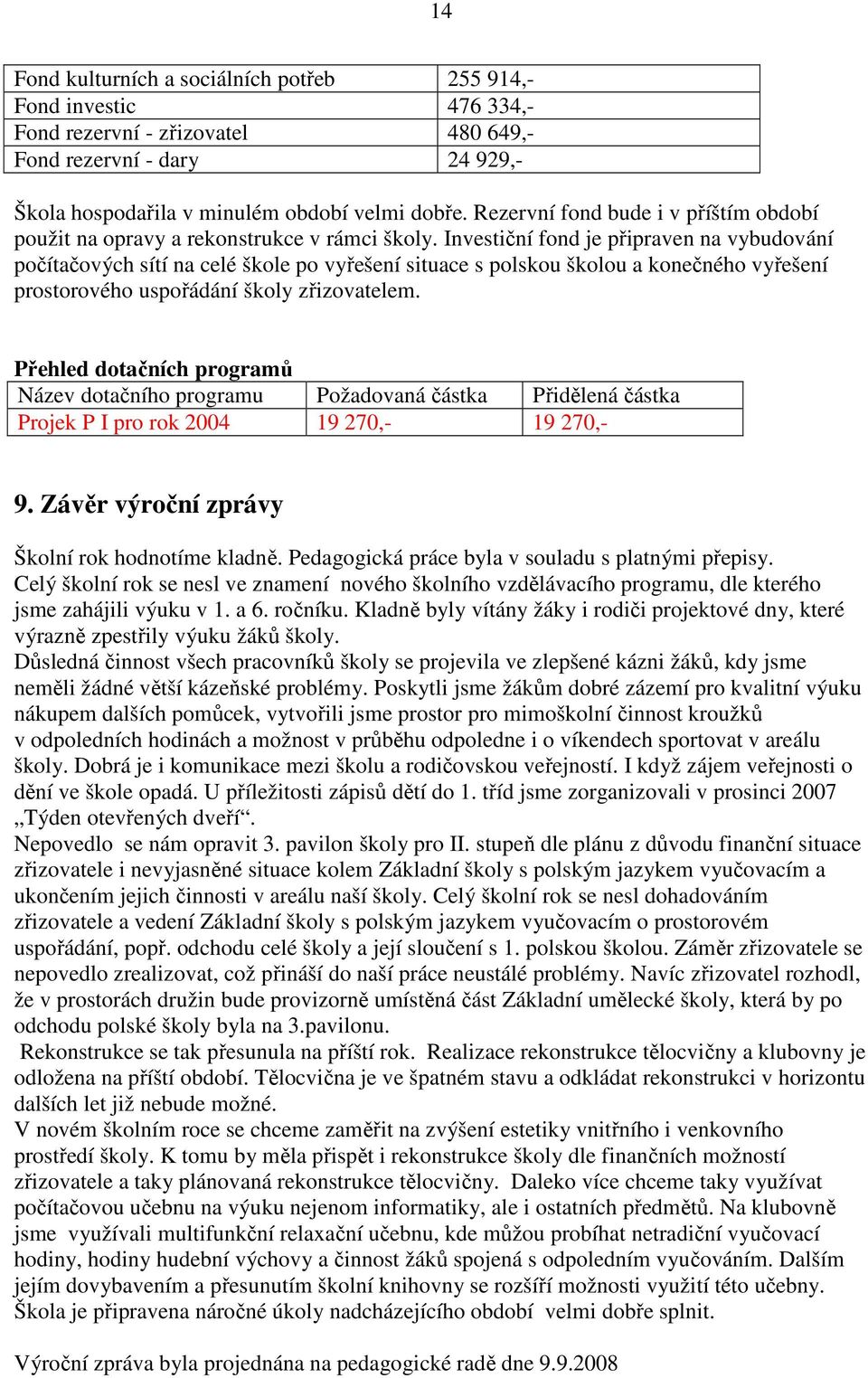 Investiční fond je připraven na vybudování počítačových sítí na celé škole po vyřešení situace s polskou školou a konečného vyřešení prostorového uspořádání školy zřizovatelem.