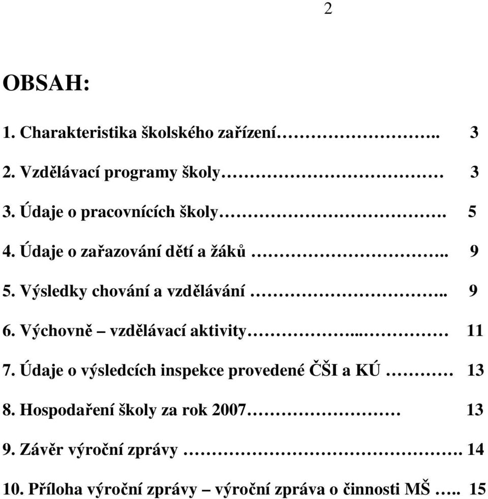 . 9 6. Výchovně vzdělávací aktivity... 11 7. Údaje o výsledcích inspekce provedené ČŠI a KÚ 13 8.