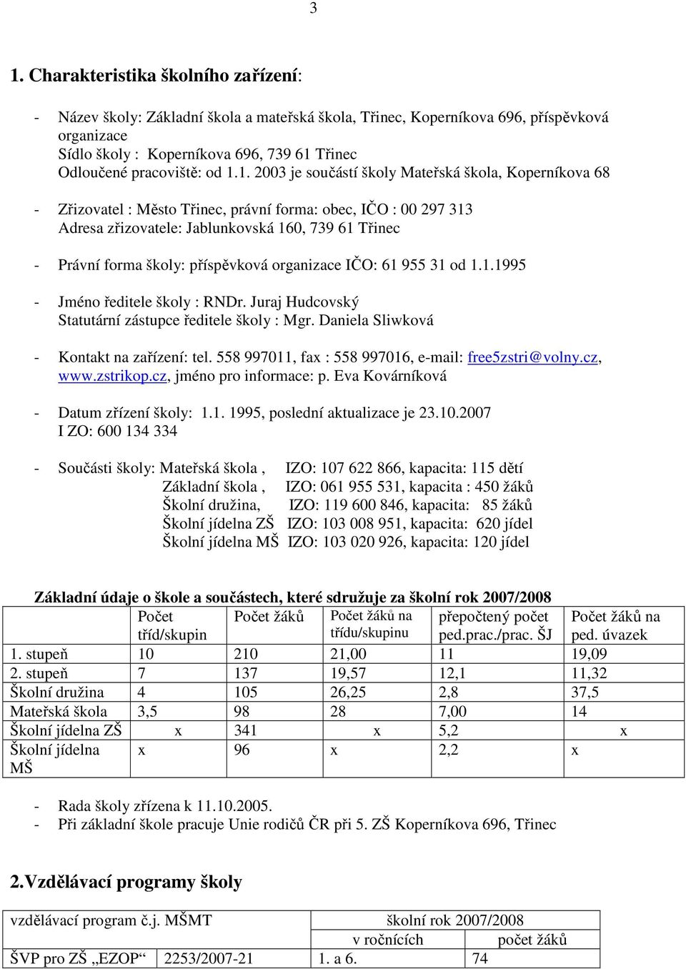 1. 2003 je součástí školy Mateřská škola, Koperníkova 68 - Zřizovatel : Město Třinec, právní forma: obec, IČO : 00 297 313 Adresa zřizovatele: Jablunkovská 160, 739 61 Třinec - Právní forma školy: