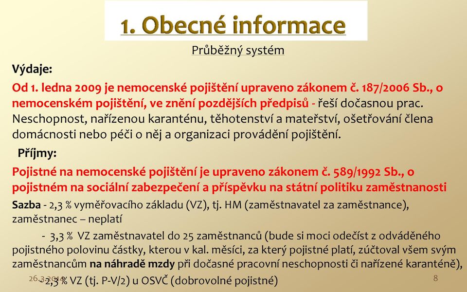 589/1992 Sb., o pojistném na sociální zabezpečení a příspěvku na státní politiku zaměstnanosti Sazba - 2,3 % vyměřovacího základu (VZ), tj.