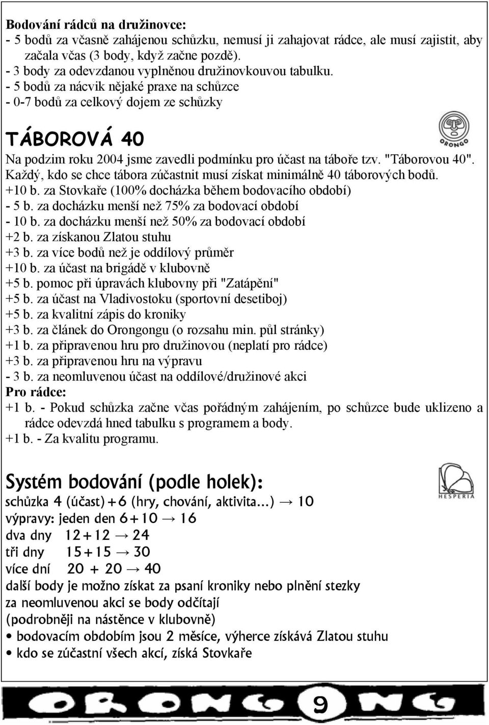 - 5 bodů za nácvik nějaké praxe na schůzce - 0-7 bodů za celkový dojem ze schůzky TÁBOROVÁ 40 Na podzim roku 2004 jsme zavedli podmínku pro účast na táboře tzv. "Táborovou 40".