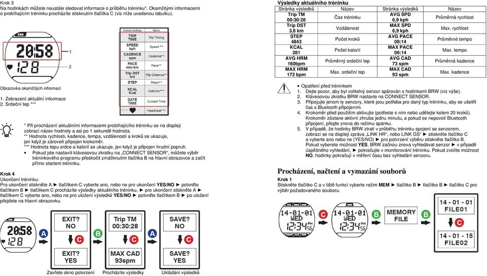 Srdeční tep *** * Při procházení aktuálními informacemi probíhajícího tréninku se na displeji zobrazí název hodnoty a asi po 1 sekundě hodnota.