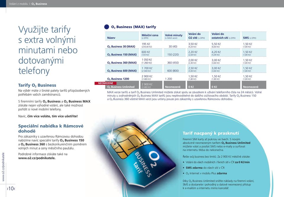 Název O 2 Business (MAX) tarify O 2 Business 30 (MAX) O 2 Business 150 (MAX) O 2 Business 360 (MAX) O 2 Business 600 (MAX) O 2 Business 1200 NEOMEZENÉ O 2 Business Unlimited Měsíční cena (s DPH)